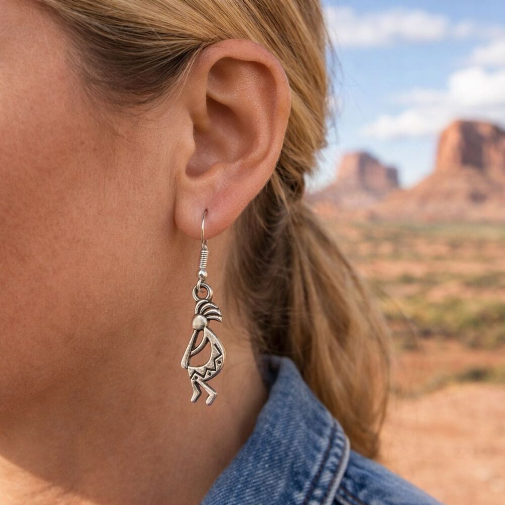 Kokopelli Indian Earrings NEW Flute Player 925 Silver French Hook Southwest